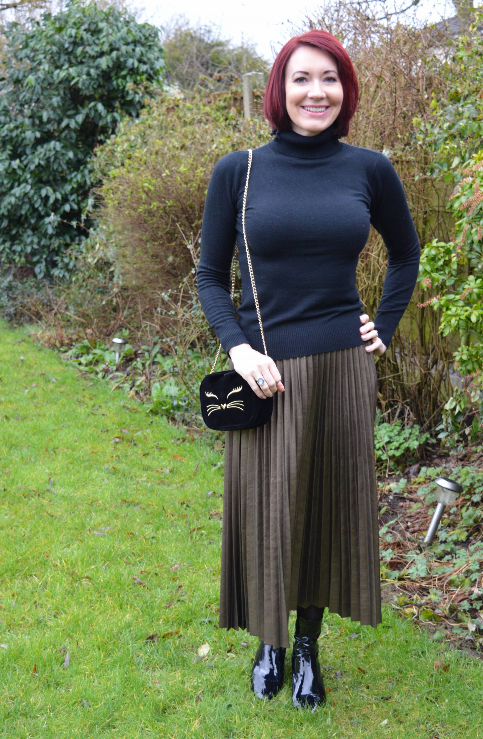 Bronze Faux Leather Pleated Skirt and Patent Boots + Link Up