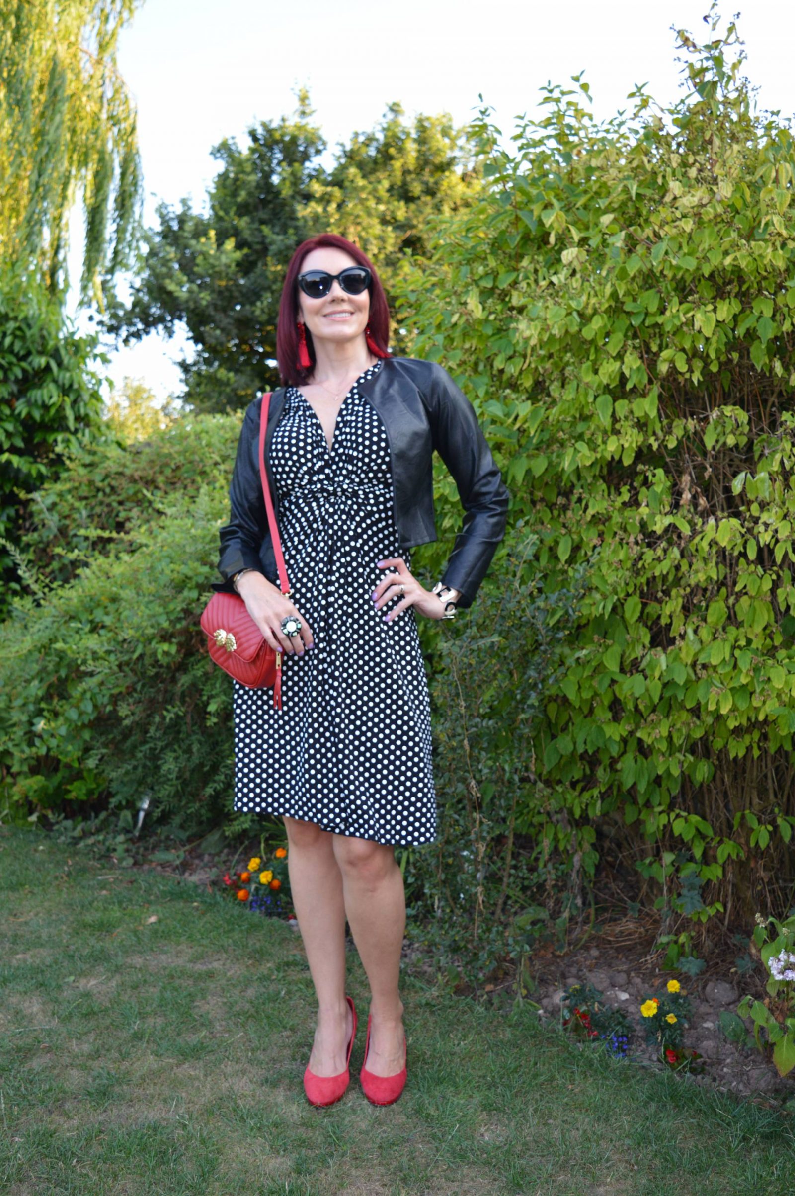 Black and white polka dot dress with red accessories + link up
