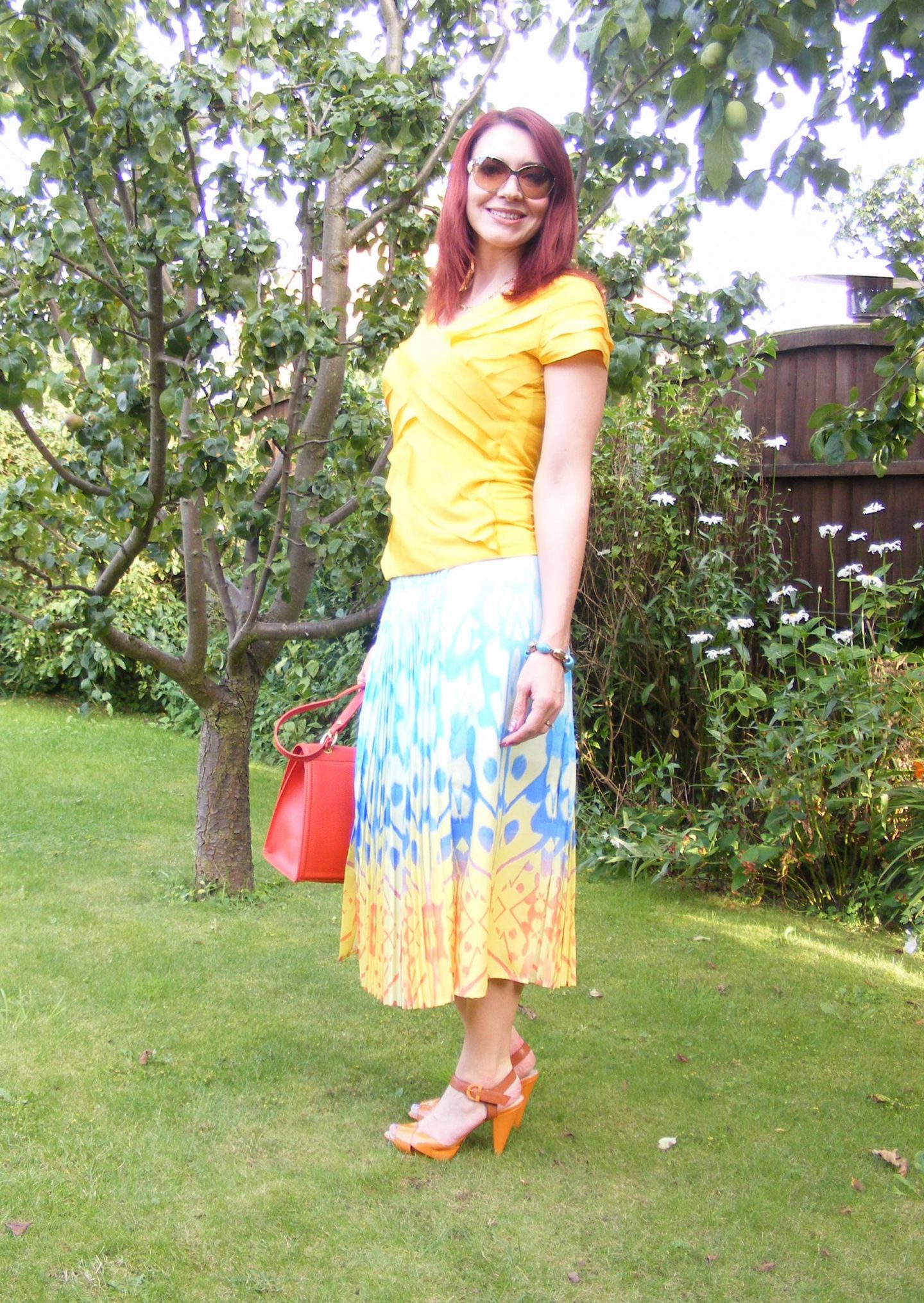 Reiss Pleated Midi Skirt and Yellow Ribbon Top