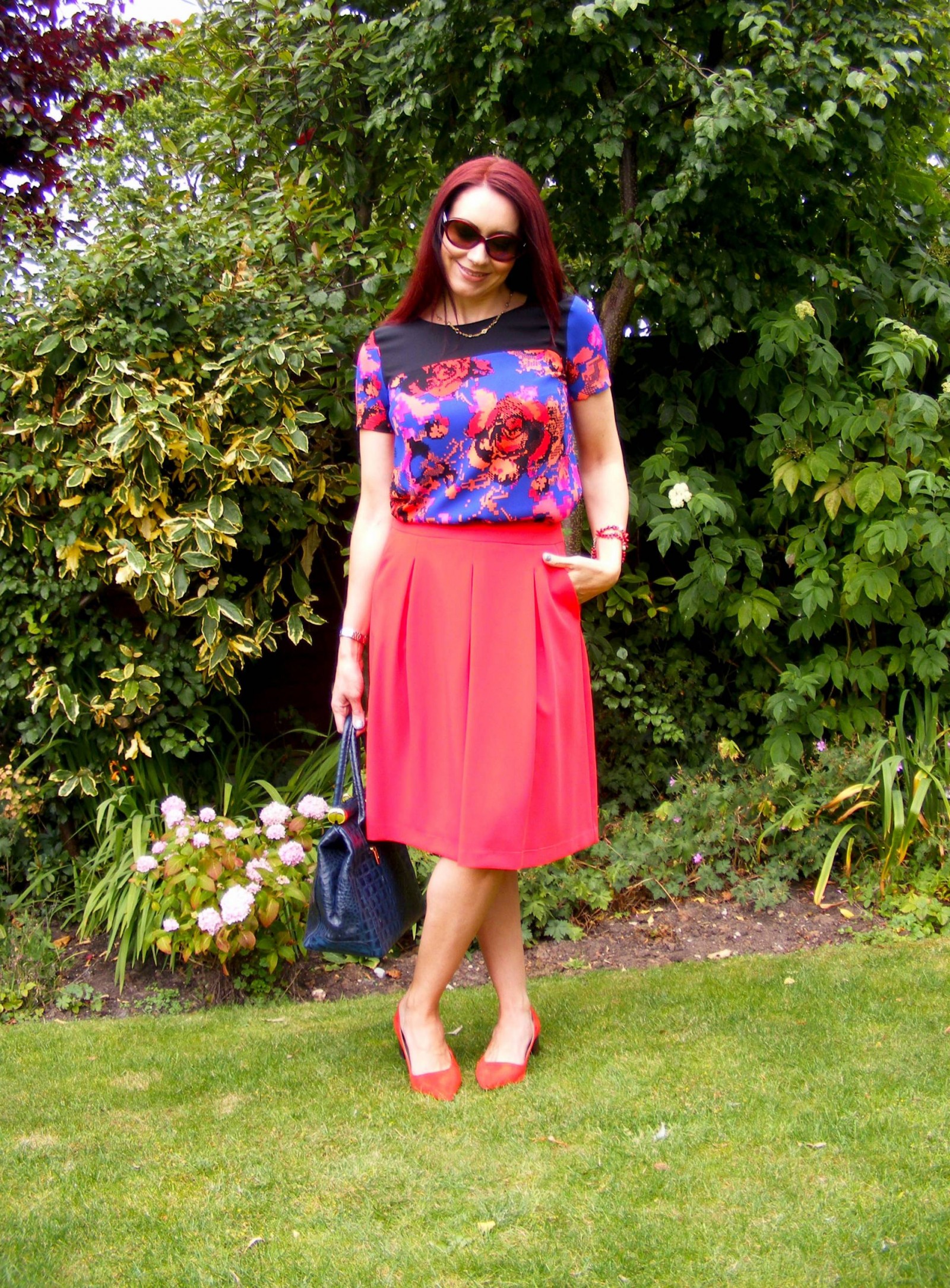 Marks and Spencer red skirt and pixel print top