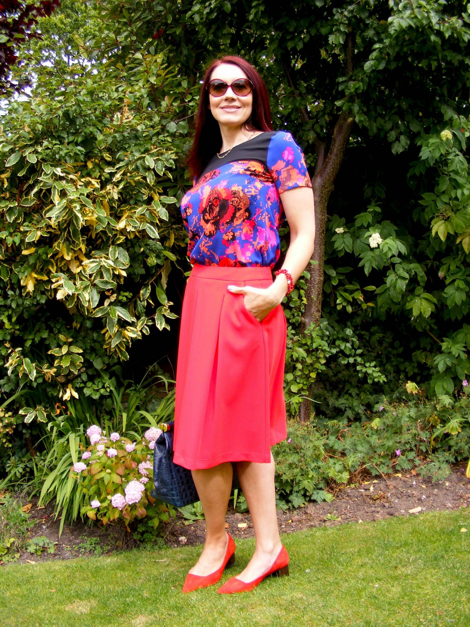 Marks and Spencer red skirt and pixel print top