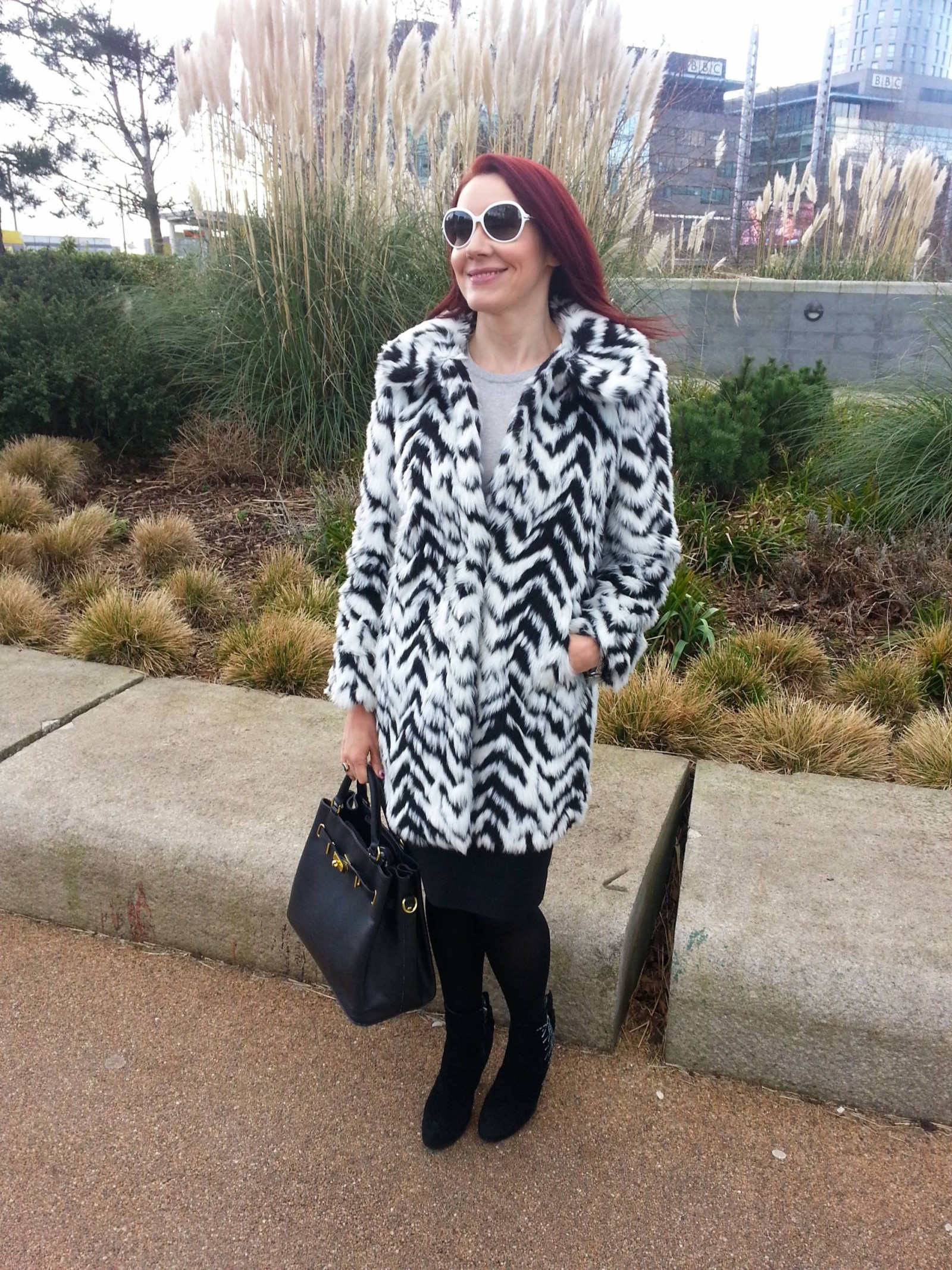 Marks and Spencer black and white faux fur coat