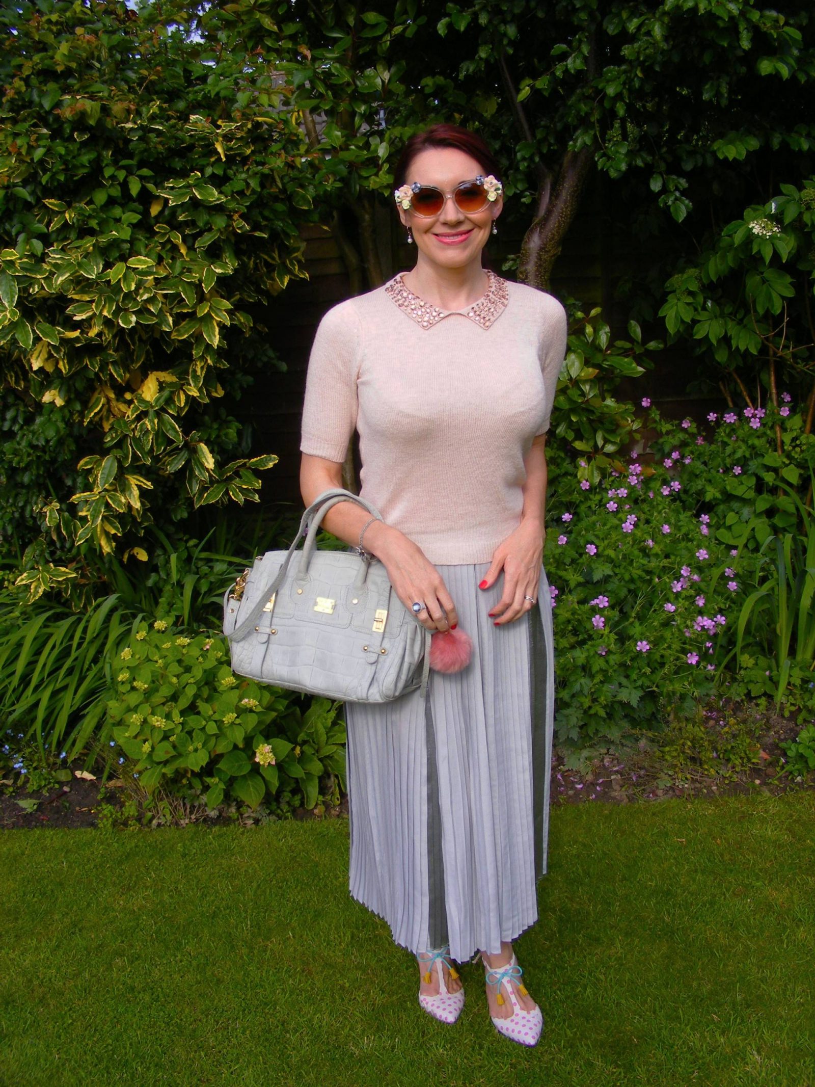 Grey pleated Asos skirt Dorothy Perkins pink jewel collar top