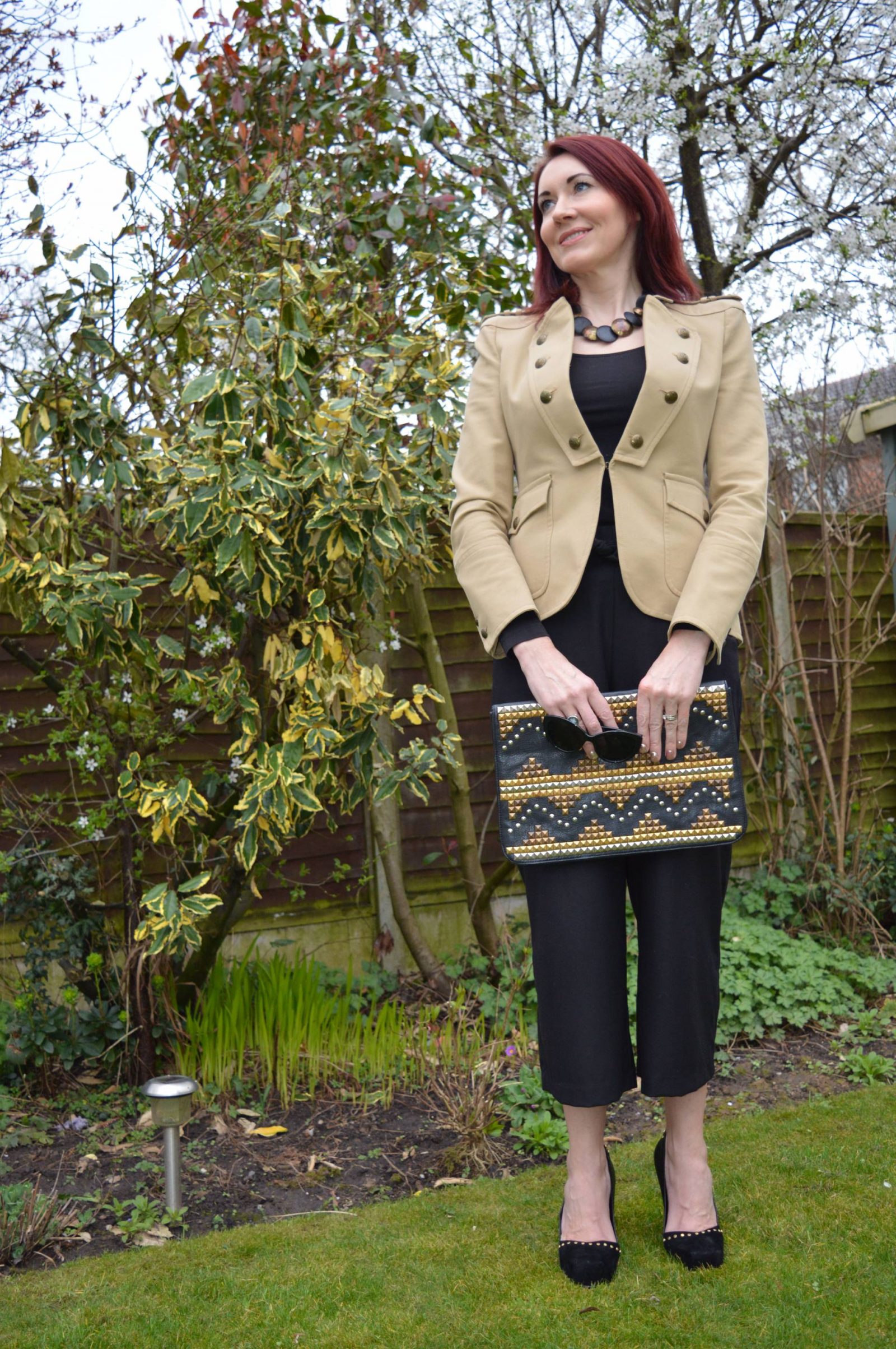 Military Jacket and Studs zara-military-blazer-and-black-trousers asos studded clutch