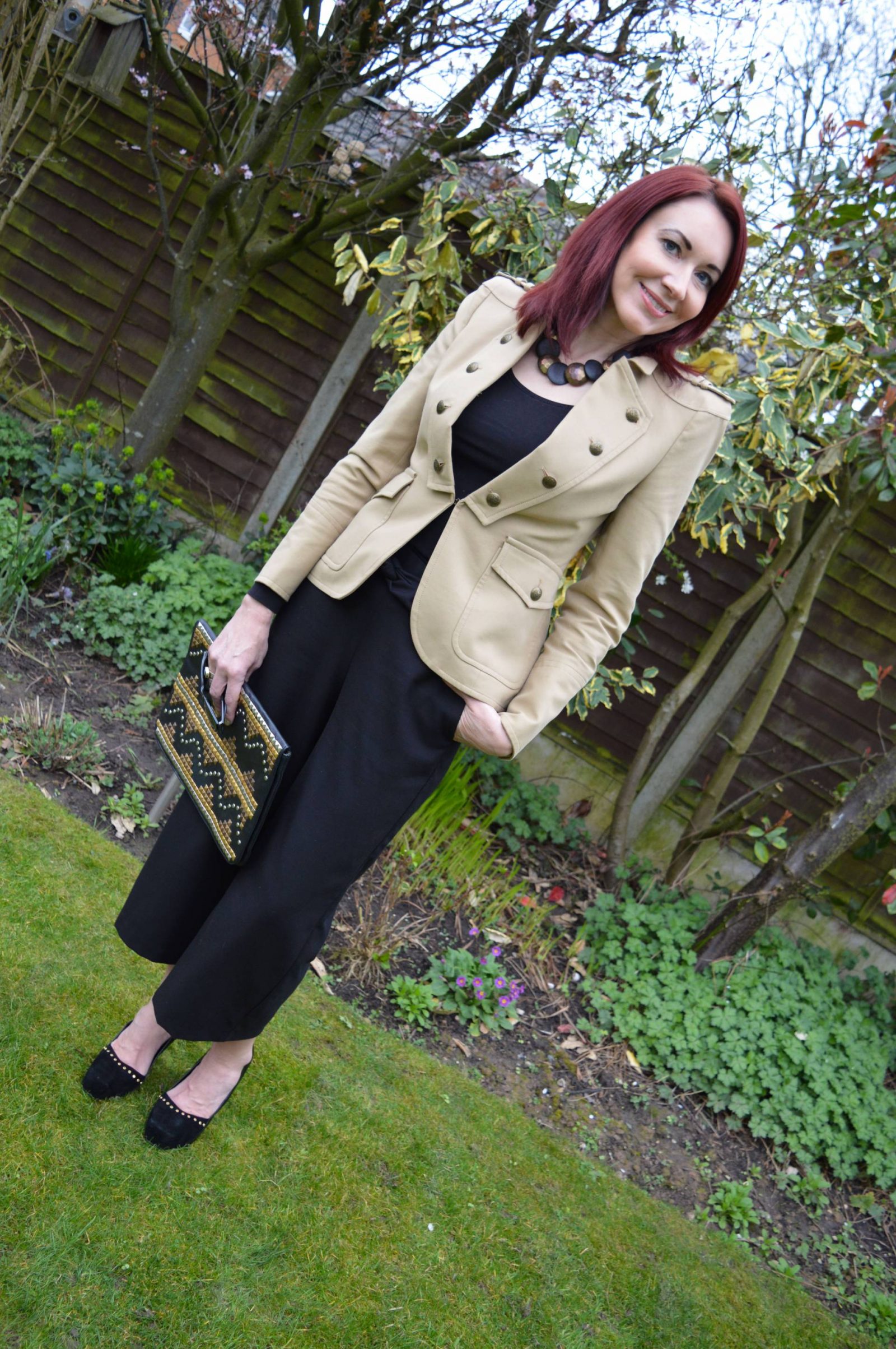 Military Jacket and Studs zara-military-blazer-and-black-trousers asos studded clutch
