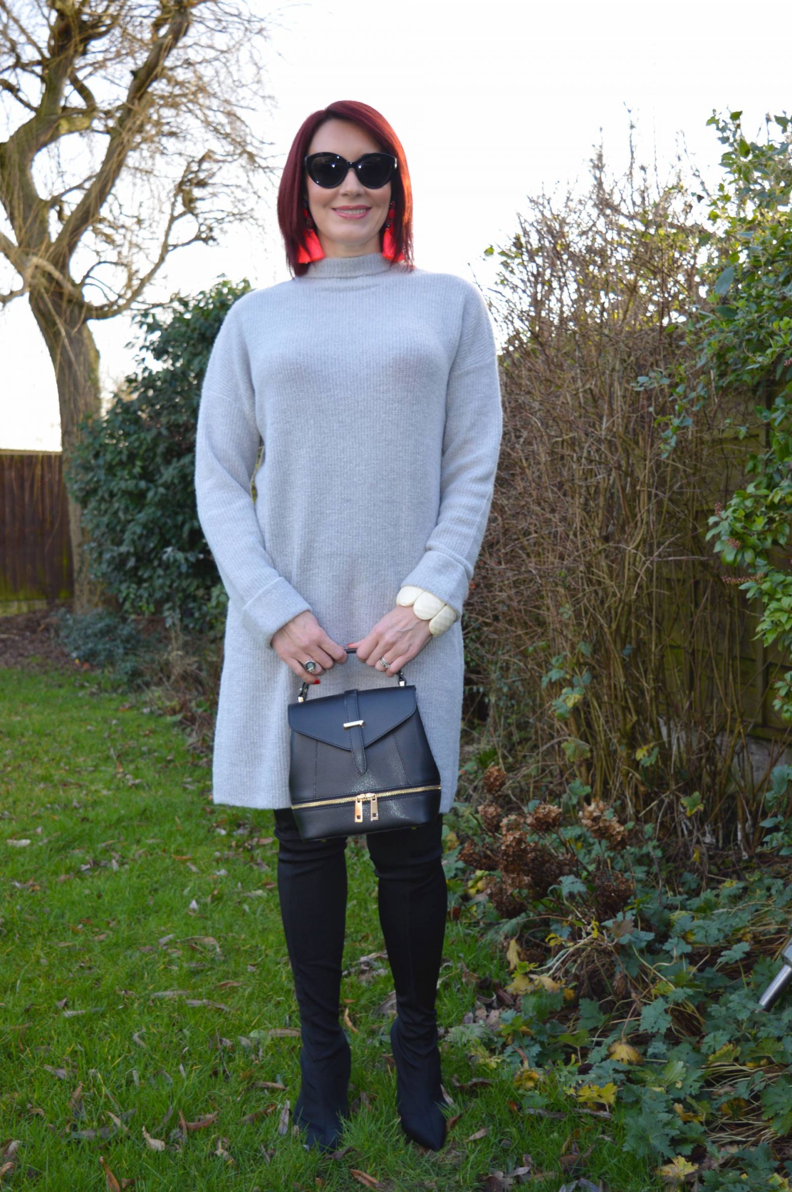 grey jumper dress with tights and Over the Knee Sock Boots jumper dress outfit ideas