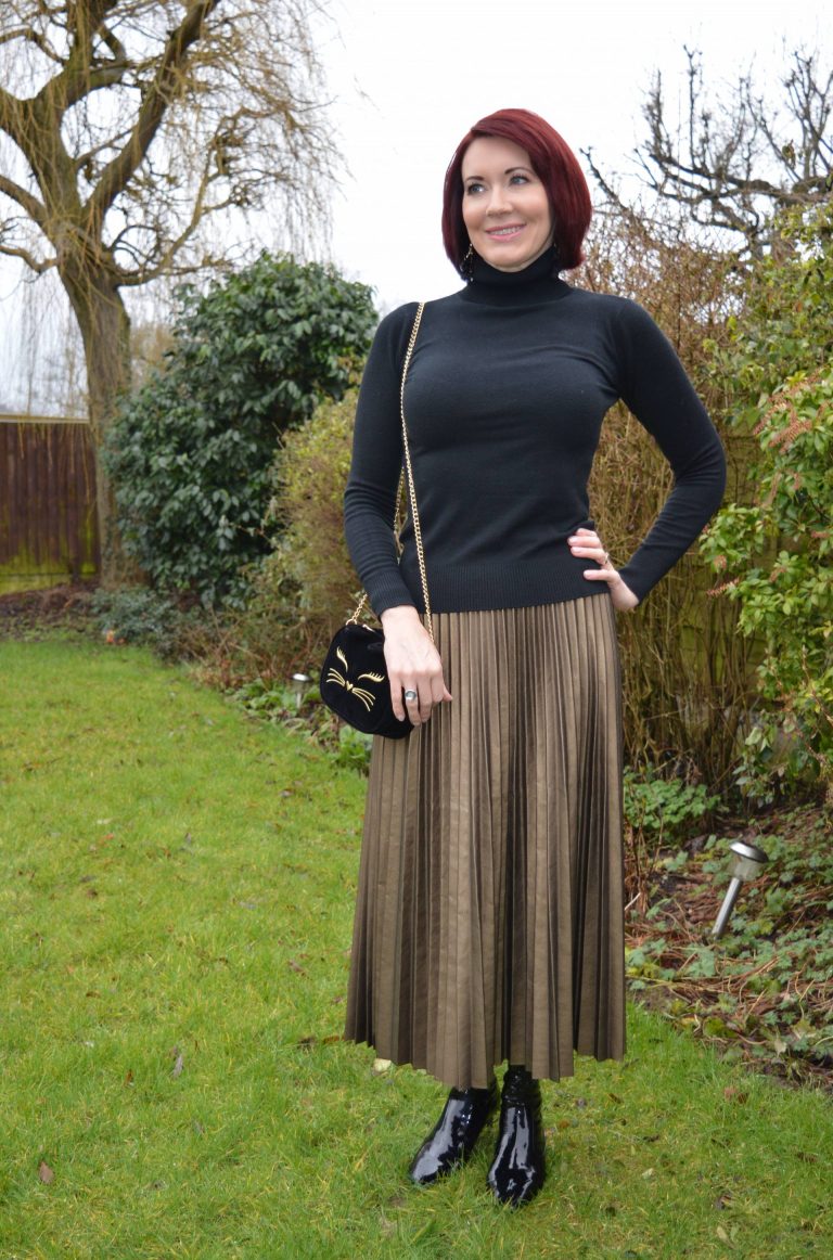 Bronze Faux Leather Pleated Skirt and Patent Boots + Link Up