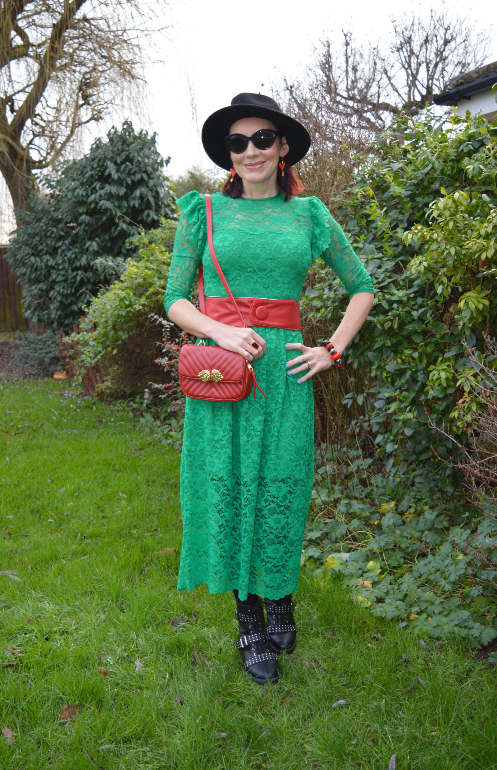 Green Lace Midi Dress With Biker Boots