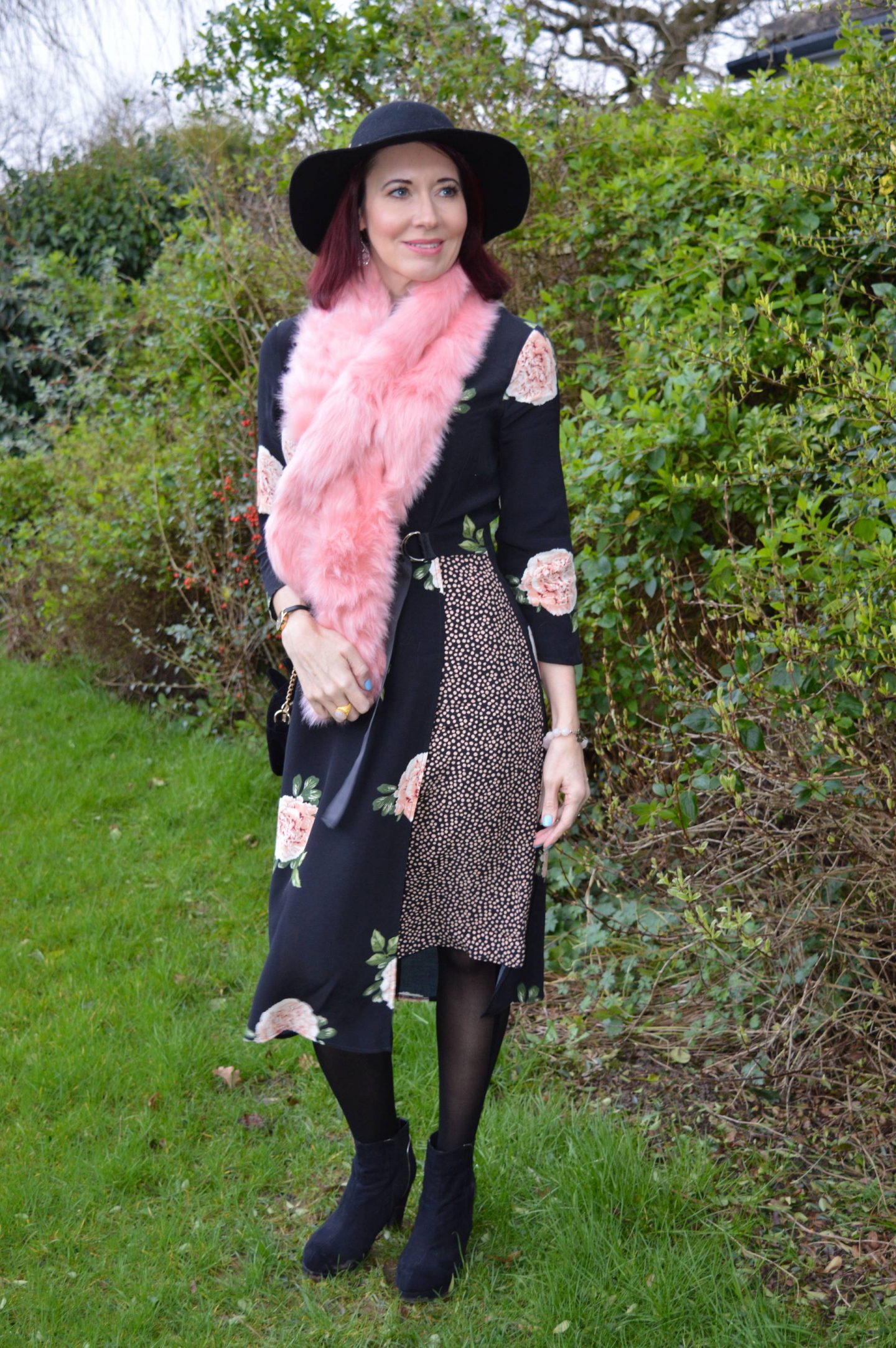 February Style Not Age: Flower Power, Nine Savannah Miller rose print dress, Skinny Dip pink faux fur scarf