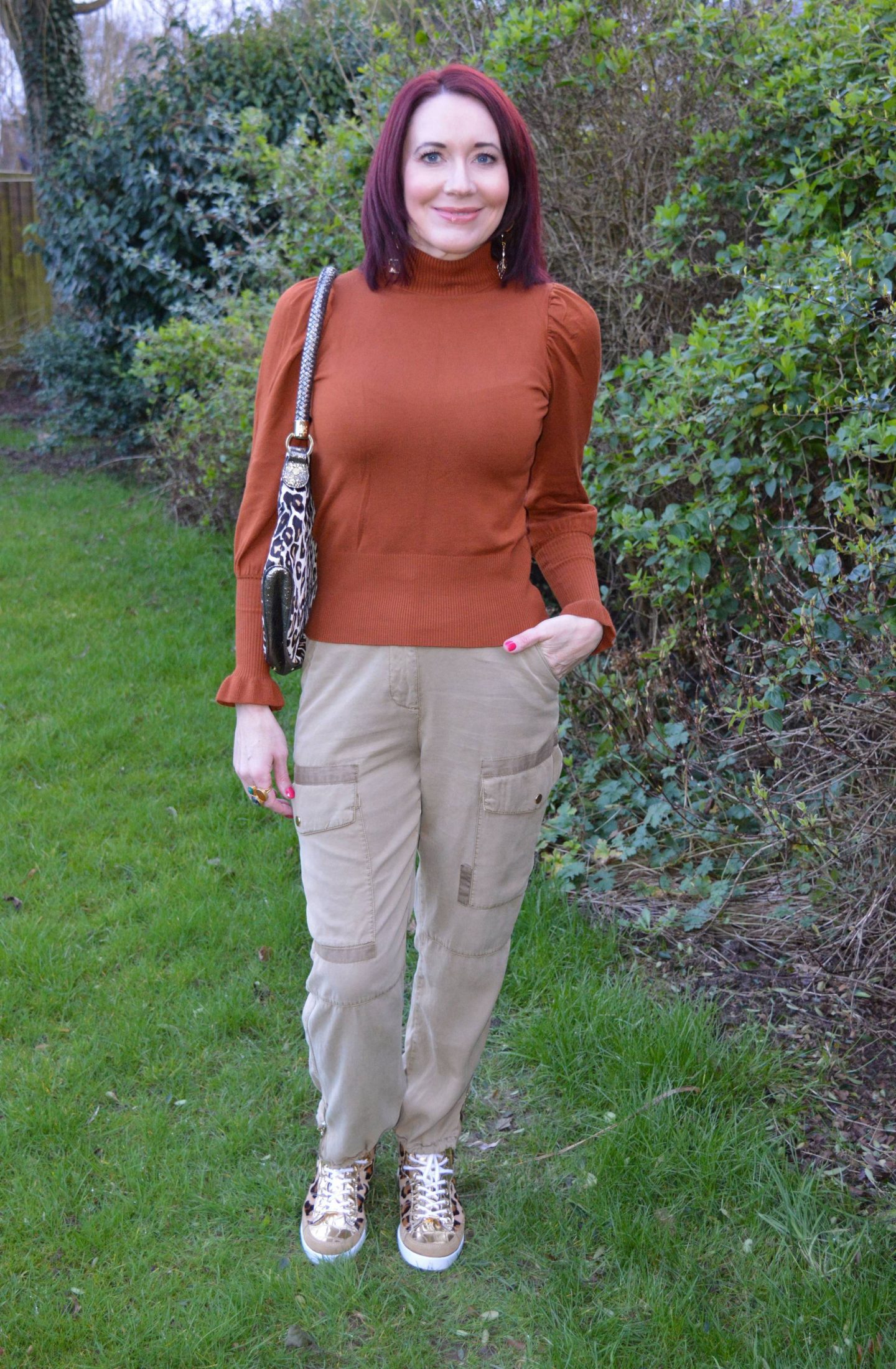River Island rust frill sleeve jumper and Cargo Trousers