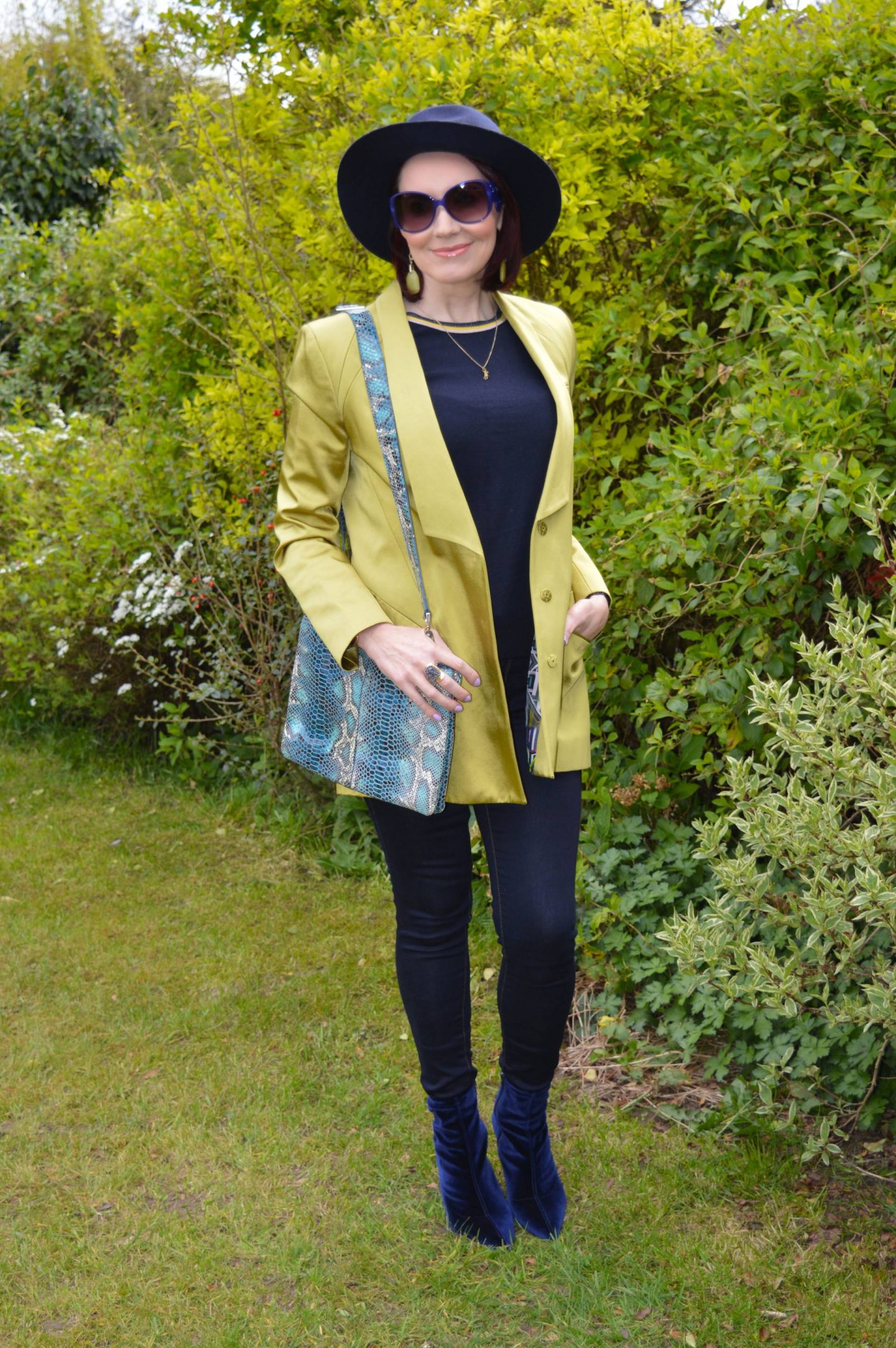 Spring Green and Navy, Matthew Williamson green jacket, Scotch and Soda navy jumper