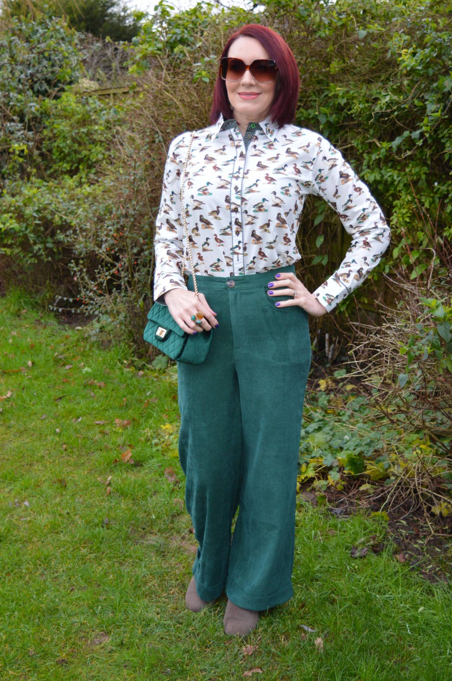 Salamander Shirts Duck Print Cotton Shirt, Coast baby cord forest green trousers, SVNX brown square sunglasses