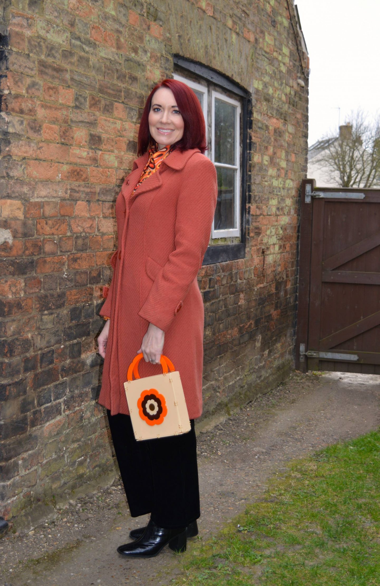 Wearing Our Everyday Luxe, The Hippie Shake shirt, Wallis orange coat, Ada Binks bag, Very black velvet trousers, Marks & Spencer black square toe ankle boots