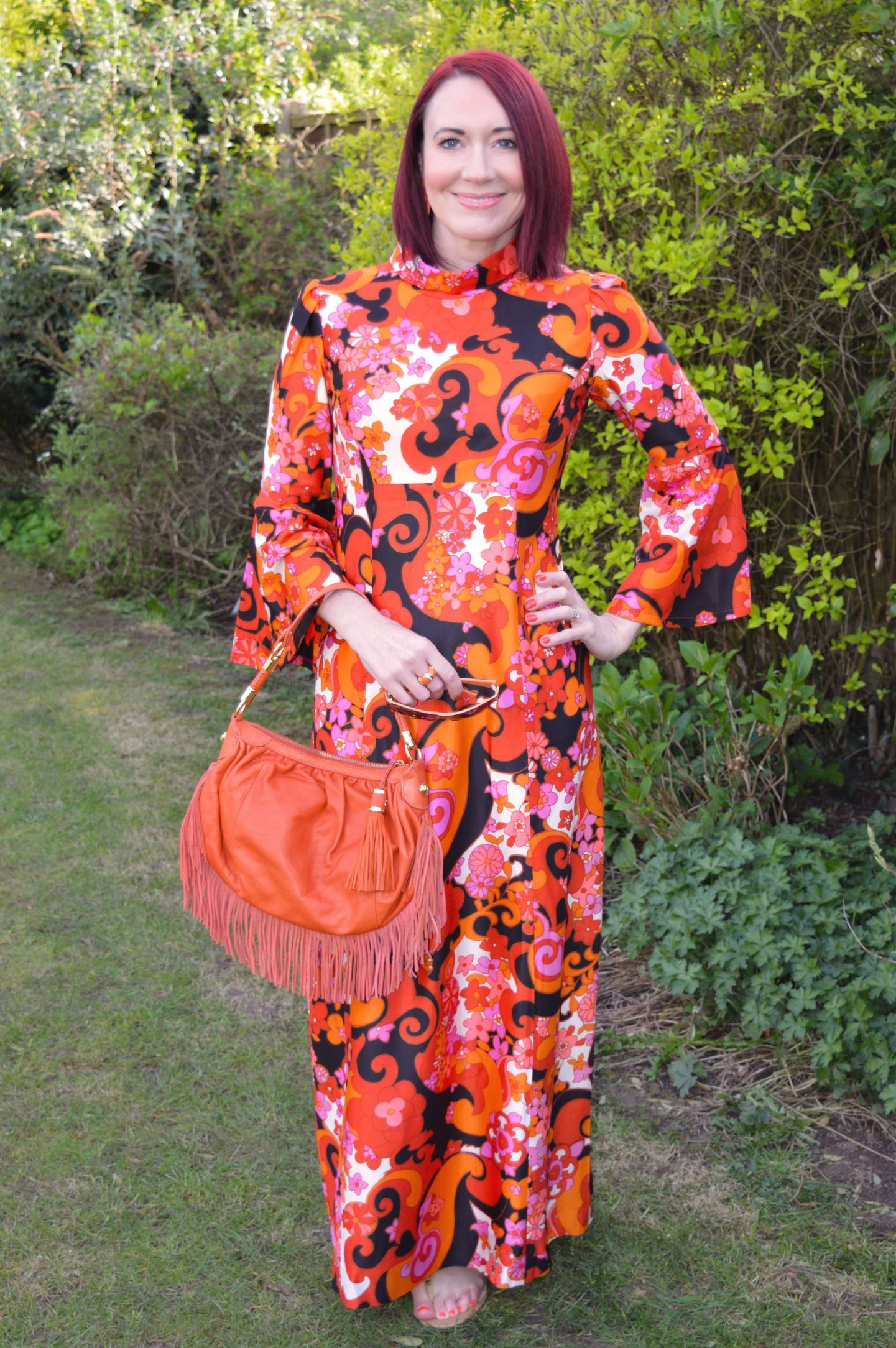 Orange Print Vintage Maxi Dress, Modalu orange fringed bag