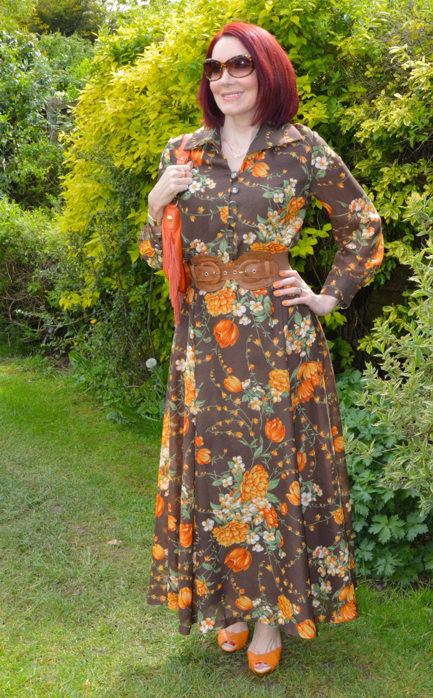 Wearing Pre-loved Floral Prints - May's Thrifty Six, vintage brown and orange floral print maxi dress, Modalu orange fringed bag
