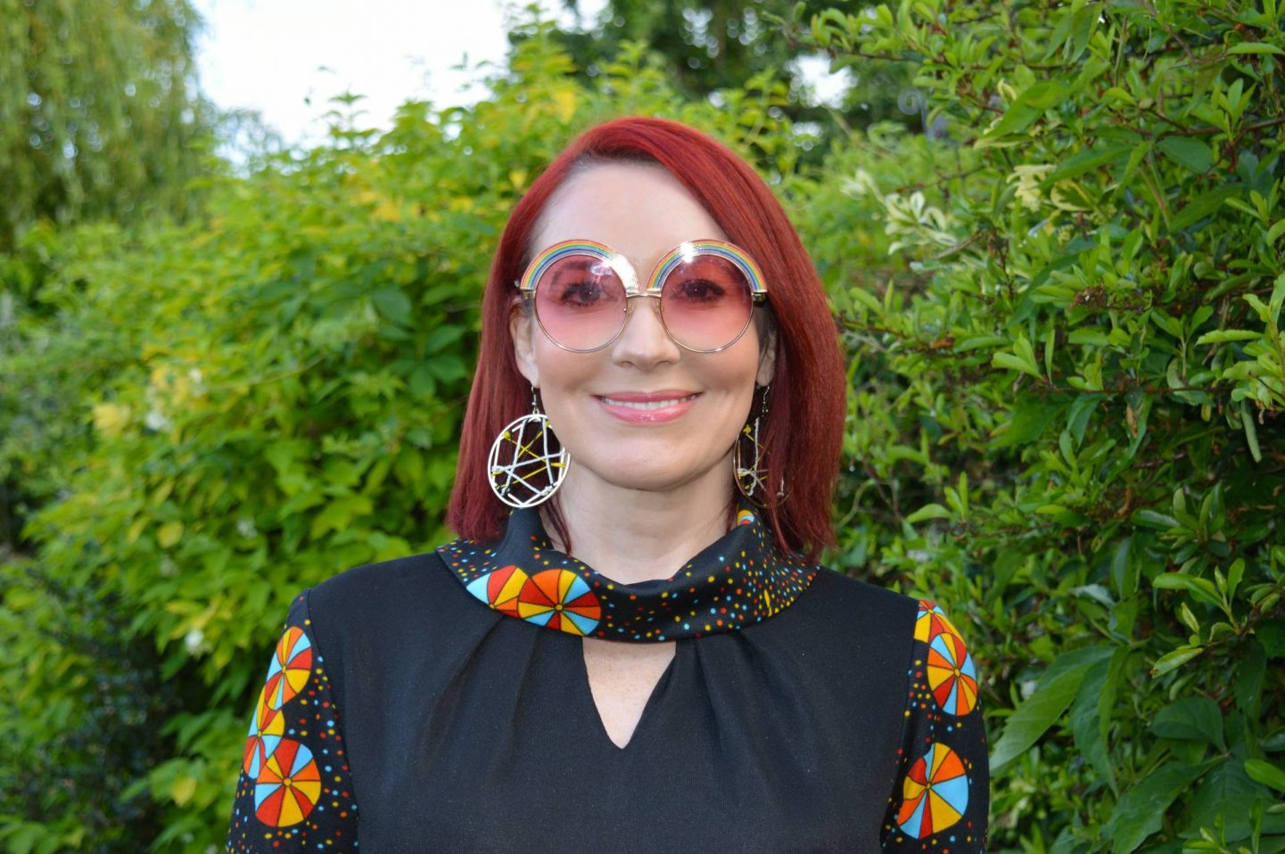 Boho Summer Style - June's Thrifty Six, black vintage flower print maxi dress, Skinny Dip London round rainbow sunglasses