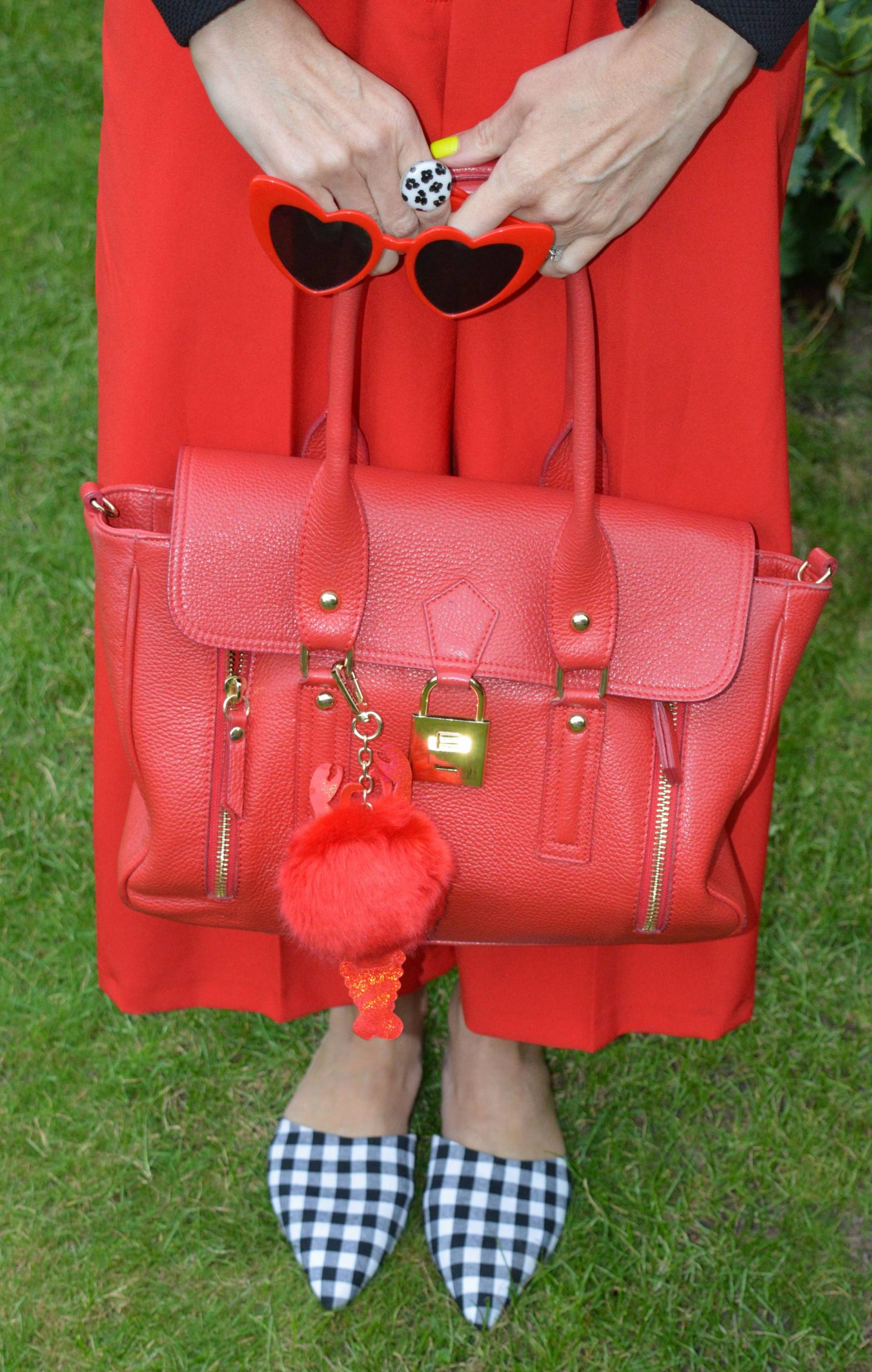 red heart sunglasses, Skinny Dip lobster key charm, Mila Blu red tote bag
