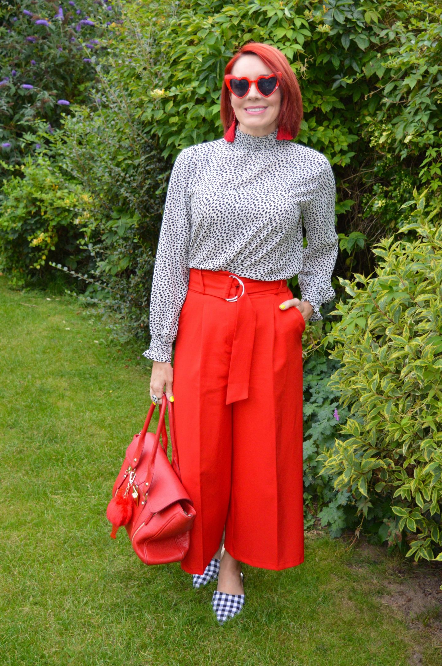 Black and White Spot Blouse With Red Culottes, Coast black and white spotted shirred neck top, Asos red culottes, Asos gingham mules