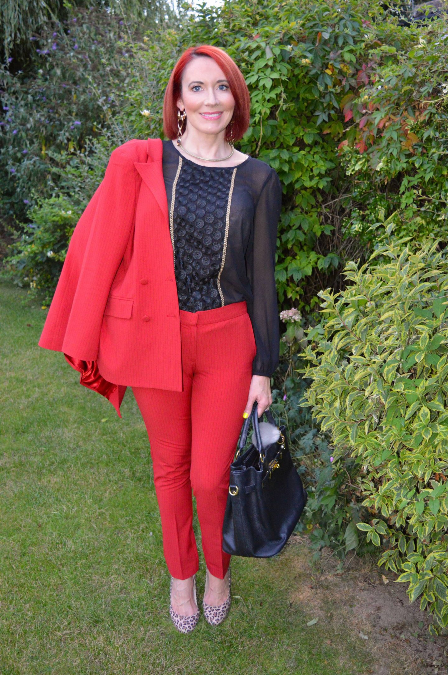 Red Alert Trouser Suit, Style & Suit Red Alert blazer and trousers, Marks & Spencer black sheer blouse, New Look leopard print shoes