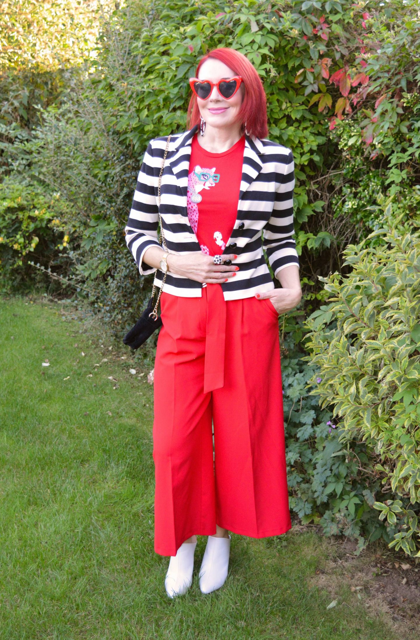 Simply Stripes - September's Thrifty Six, Marks & Spencer black and white striped jacket, Asos red culottes, Soul Sisters red cheetah T-shirt, River Island white shoe boots, red heart sunglasses