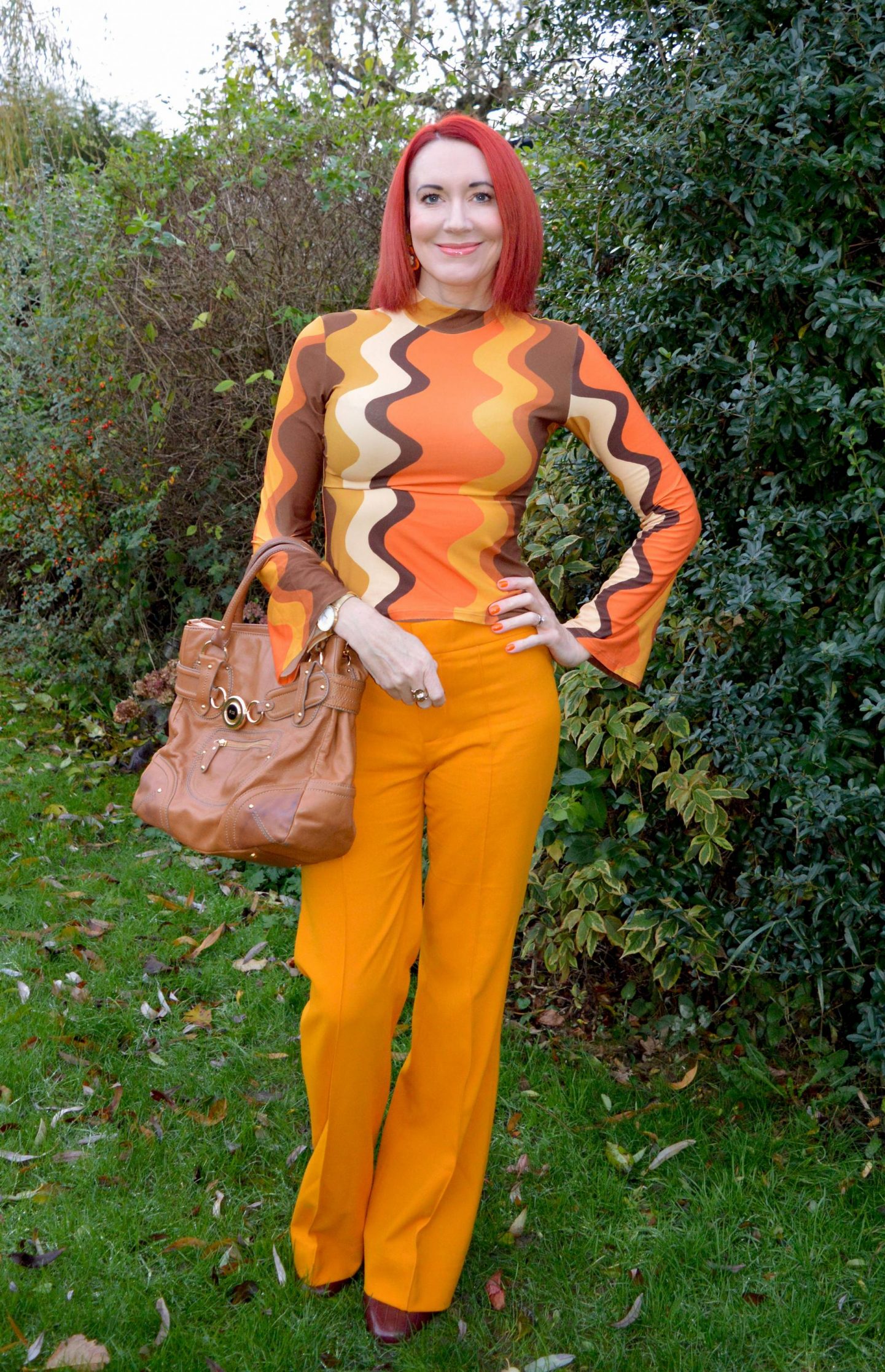 Zara marigold orange suit, The Chain Designs Sharon top in Boogie Stripes, Ri2K brown bag
