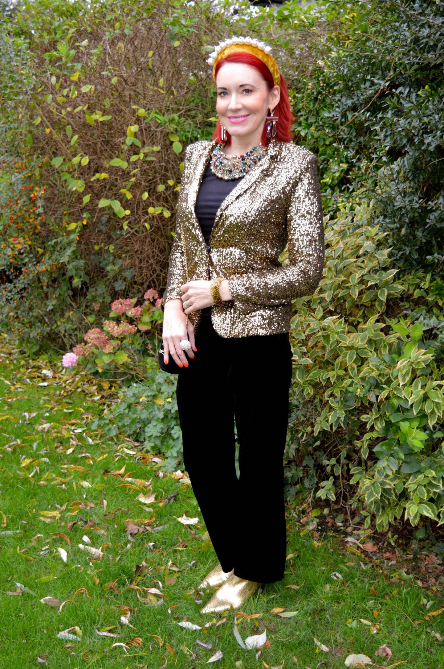 Festive Finery - November's Style Not Age, gold sequin jacket, Very black velvet trousers, Asos velvet and pearl headband