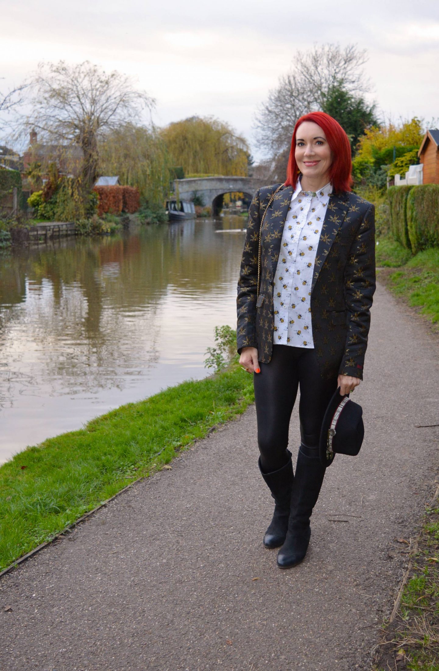 Grenouille Bee Print Shirt + Style With a Smile Link Up, Mint Velvet faux leather leggings, Devil's Advocate bee motif jacket