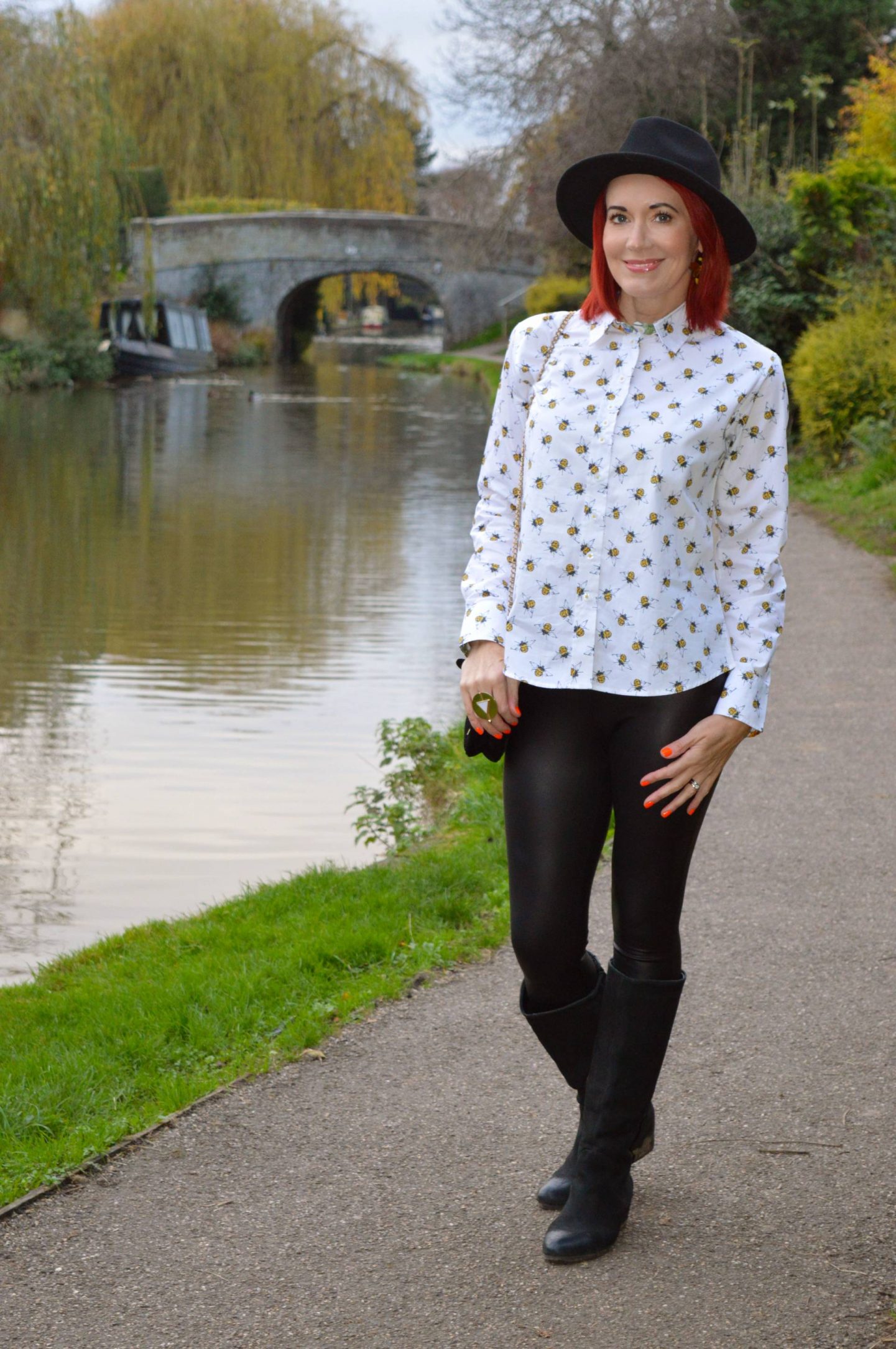 Grenouille Bee Print Shirt + Style With a Smile Link Up, Mint Velvet faux leather leggings
