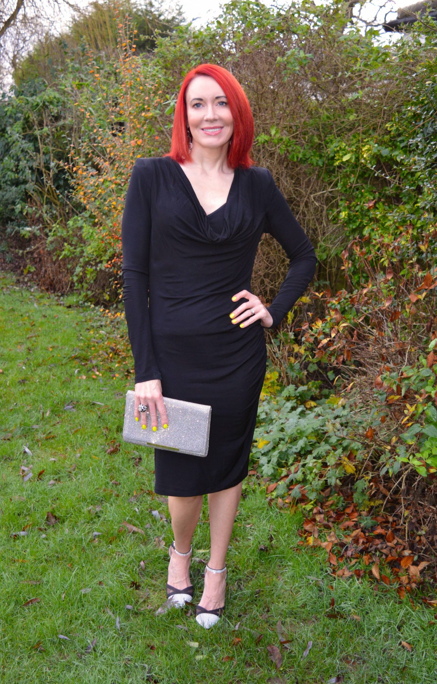 An LBD For NYE! December's Style Not Age, Bastyan black cowl neck dress, Quiz black and silver shoes