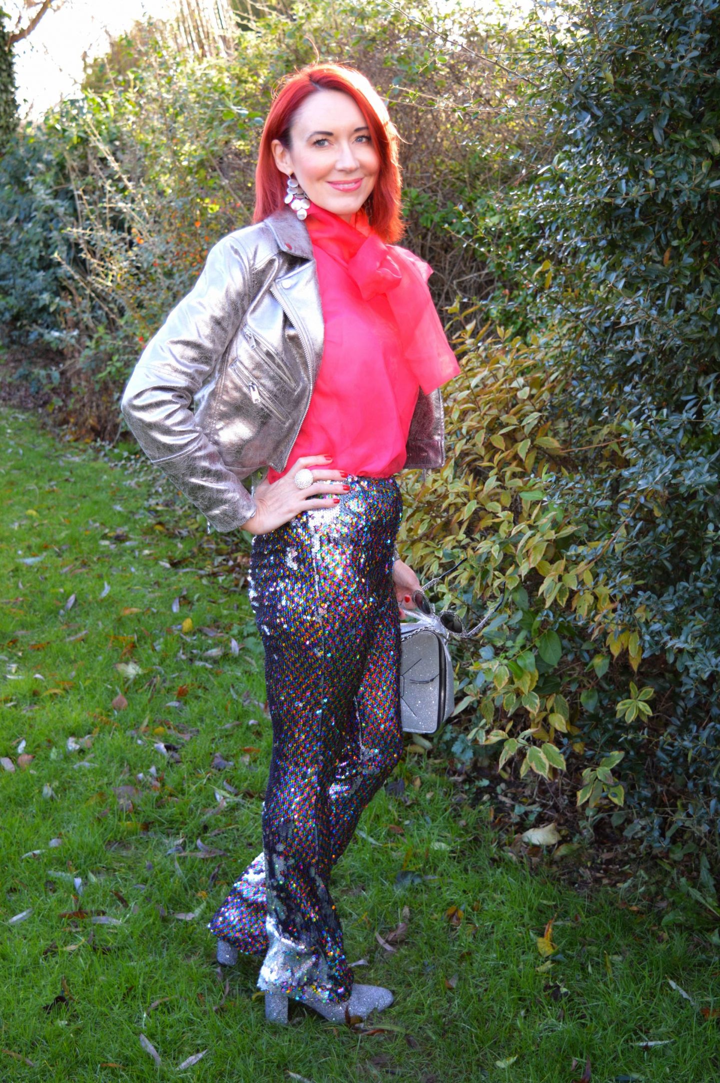 Fabulous Festive Holiday Outfits - December's Stylish Monday, Topshop sequin trousers, H&M silver biker jacket