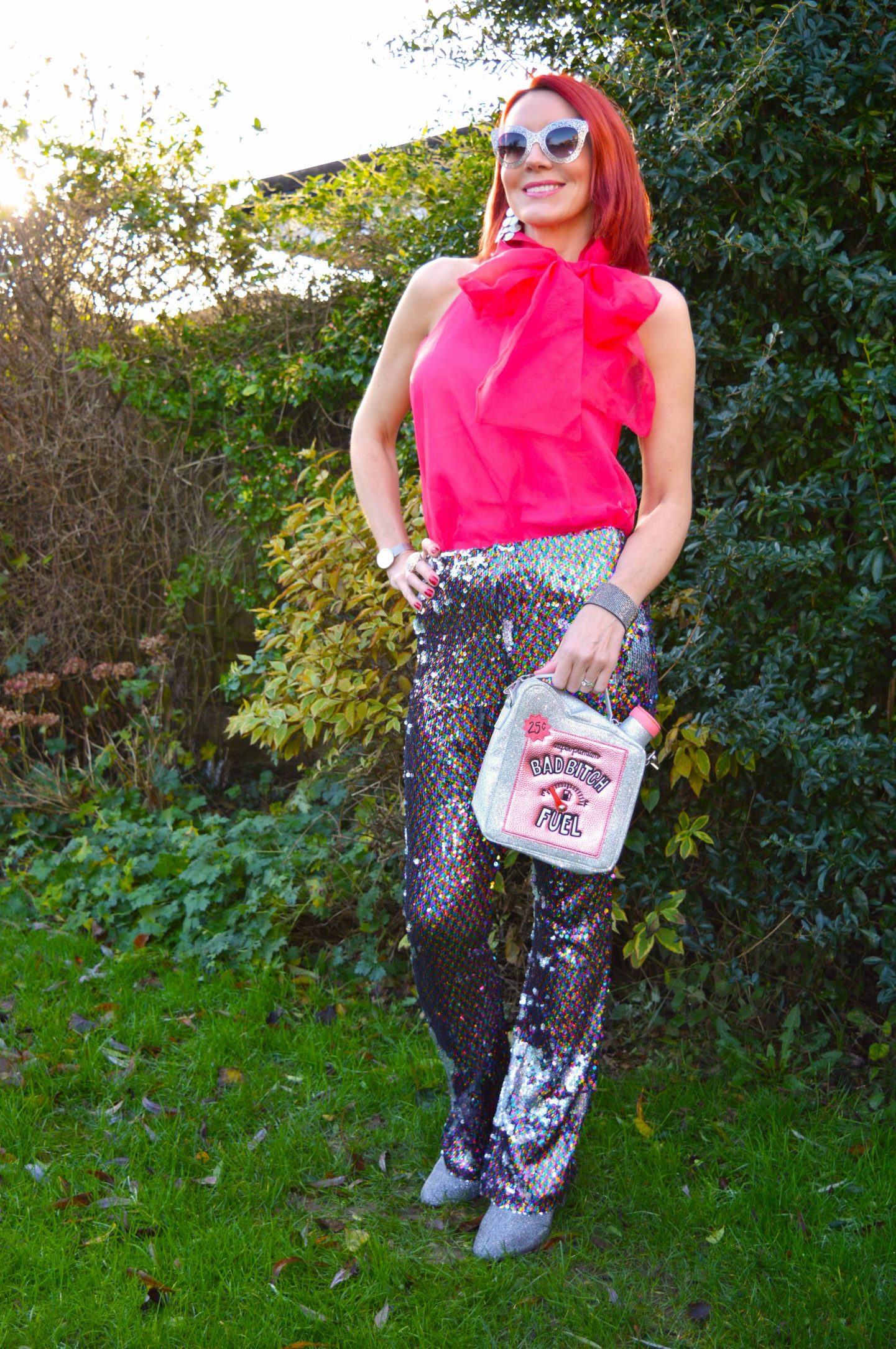 Fabulous Festive Holiday Outfits - December's Stylish Monday, Topshop sequin trousers, Skinny Dip Bad Bitch Fuel bag