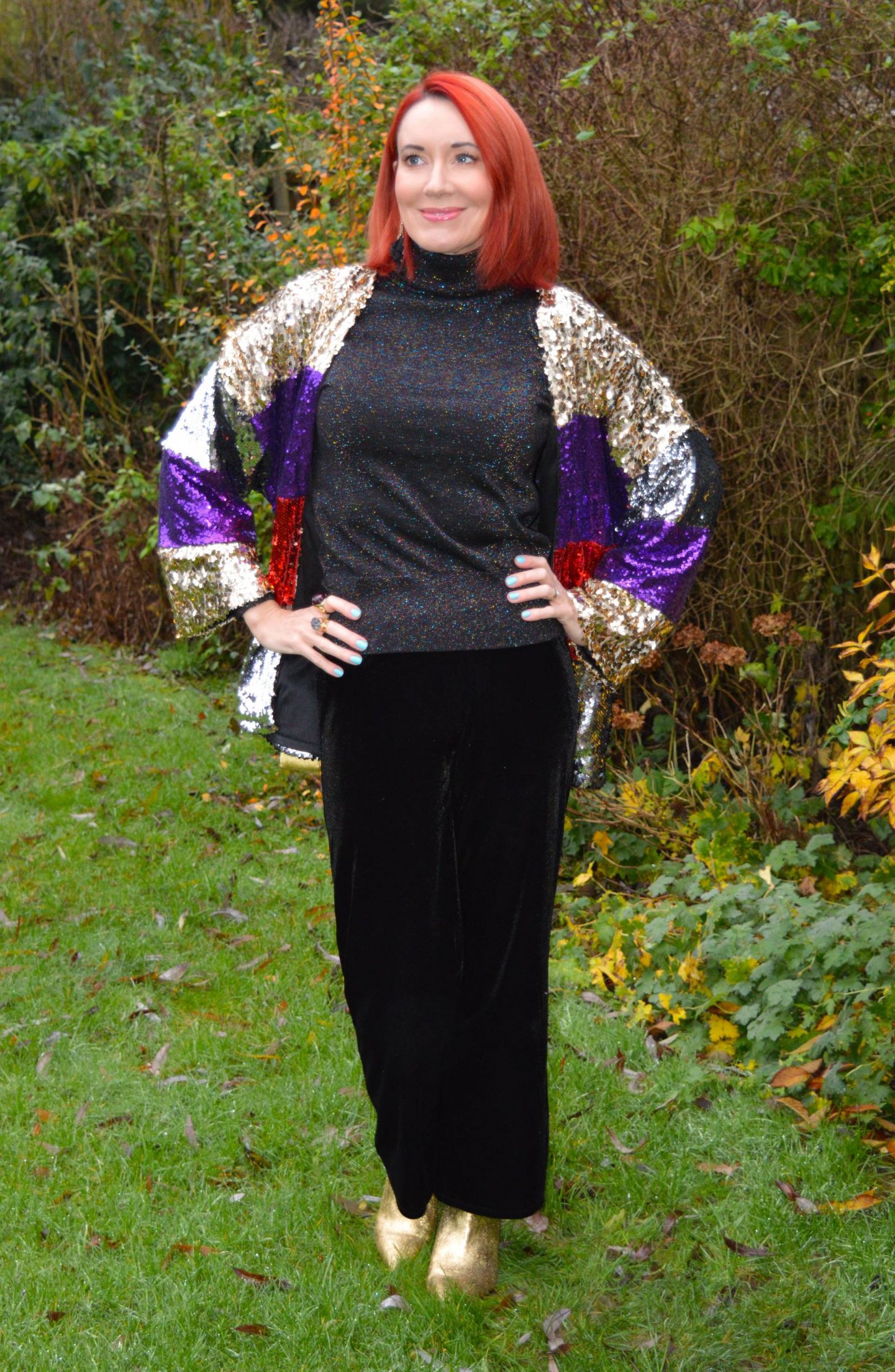 New Year's Eve Outfits - December's Thrifty Six, Boohoo striped sequin kimono jacket, Very black velvet trousers, TU black sparkly turtleneck jumper