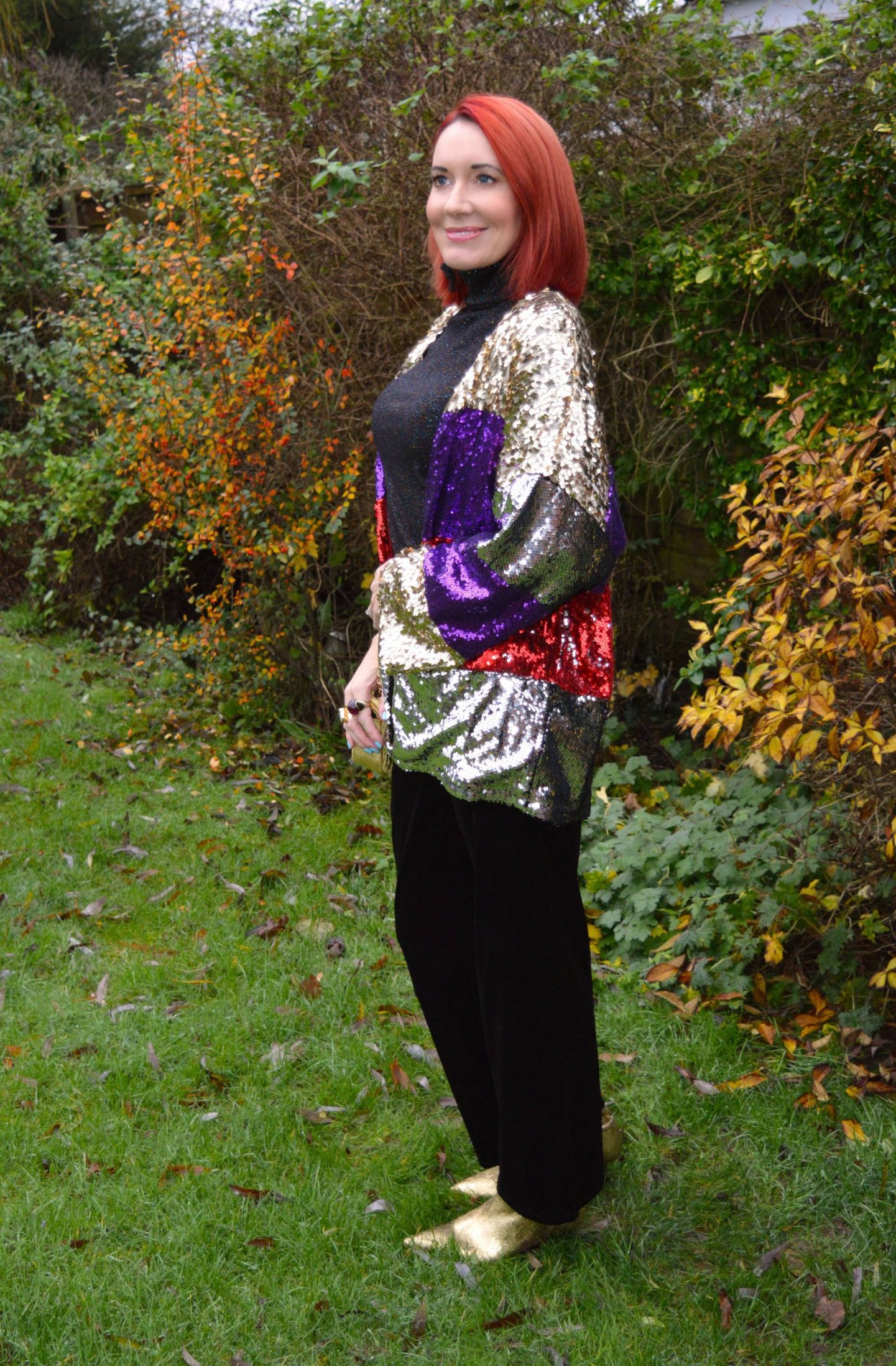 New Year's Eve Outfits, Boohoo striped sequin kimono jacket, Very black velvet trousers, TU black sparkly turtleneck jumper