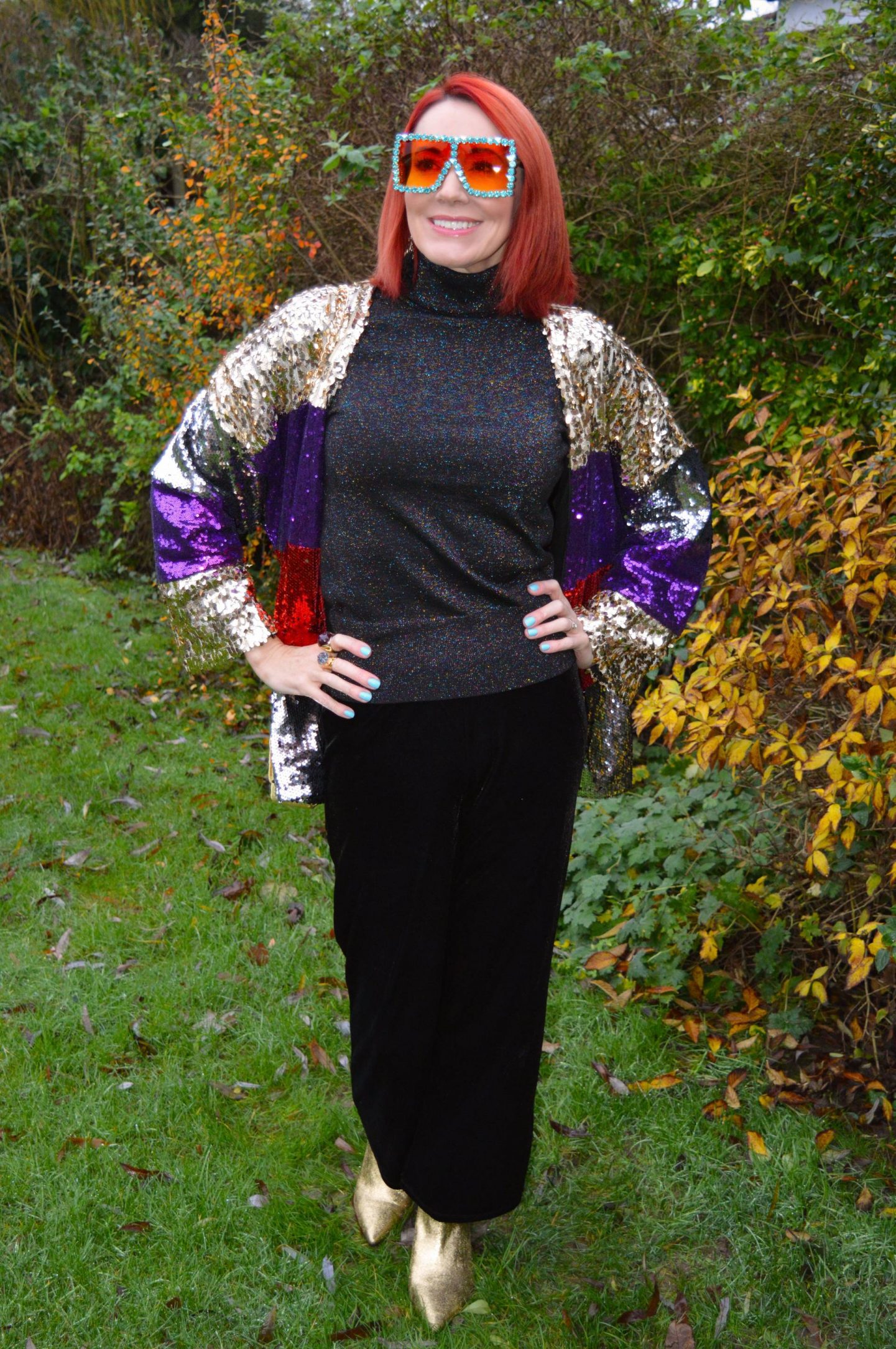 New Year's Eve Outfits, Boohoo striped sequin kimono jacket, Very black velvet trousers, TU black sparkly turtleneck jumper