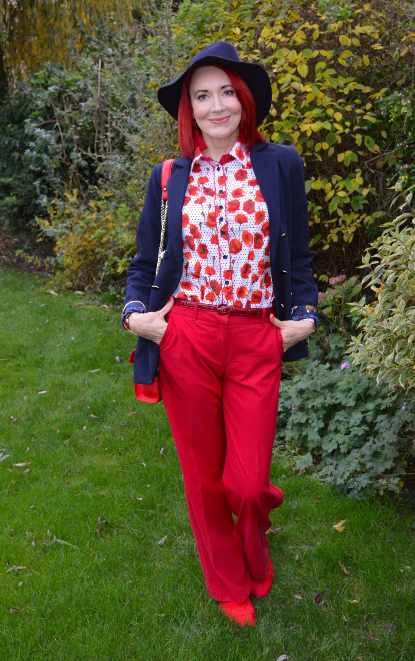 Grenouille Poppy Print Shirt and Red Trousers, Pom Amsterdam navy jacket