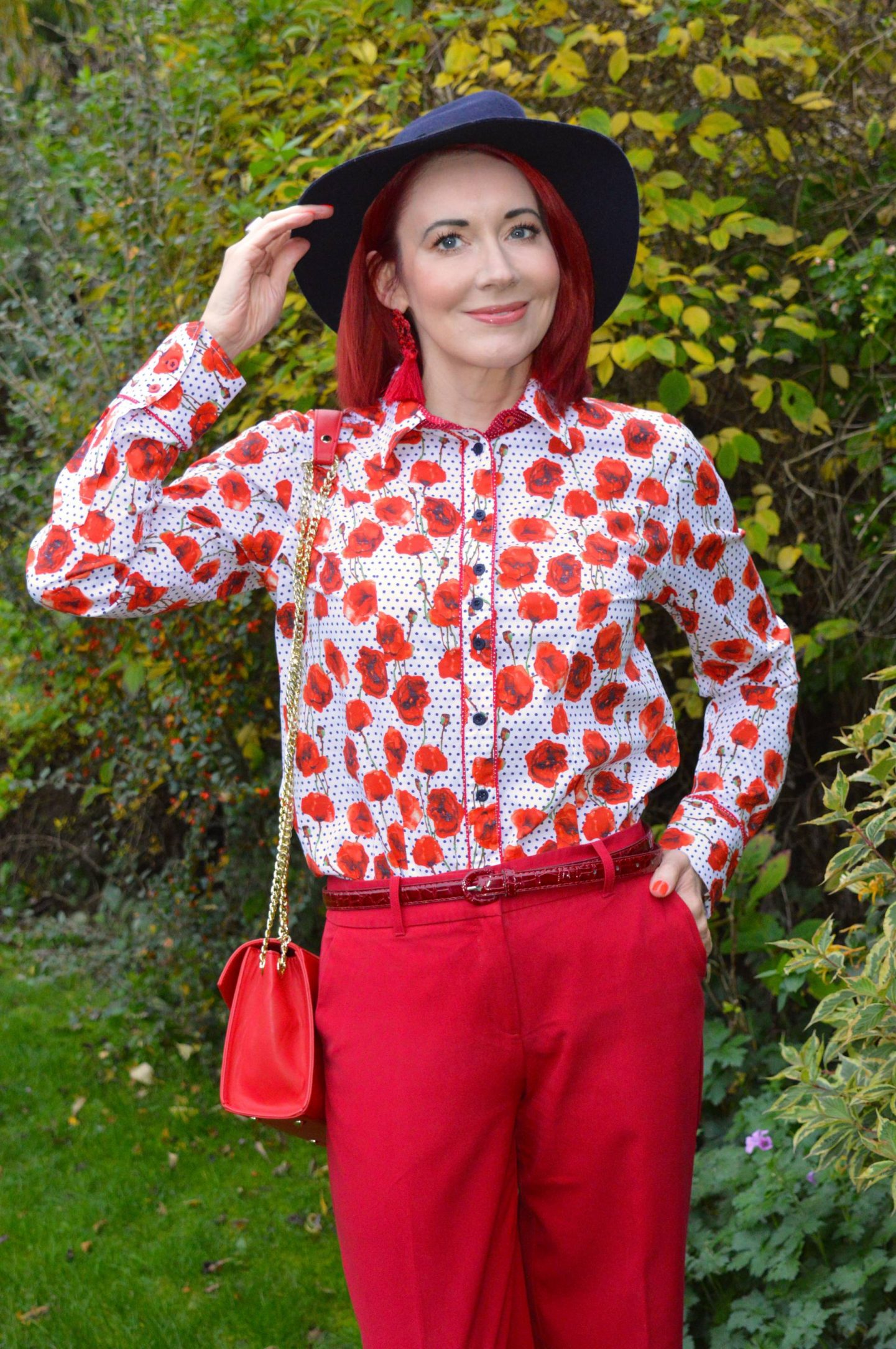 Grenouille Poppy Print Shirt and Red Trousers, LaBante red Kensington bag